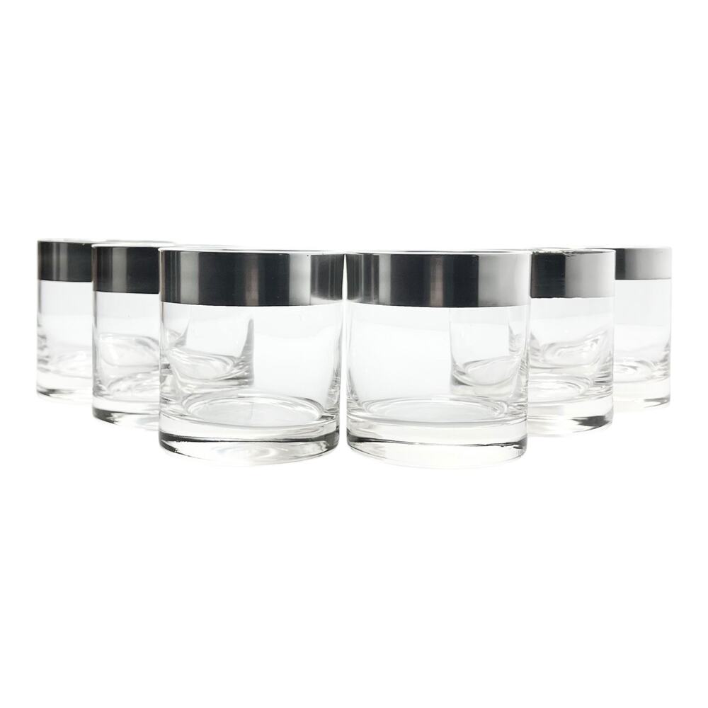 1950s MCM Dorthy Thorpe 6 Silver Band Old Fashioned Cocktail Glasses 3.25” 8oz